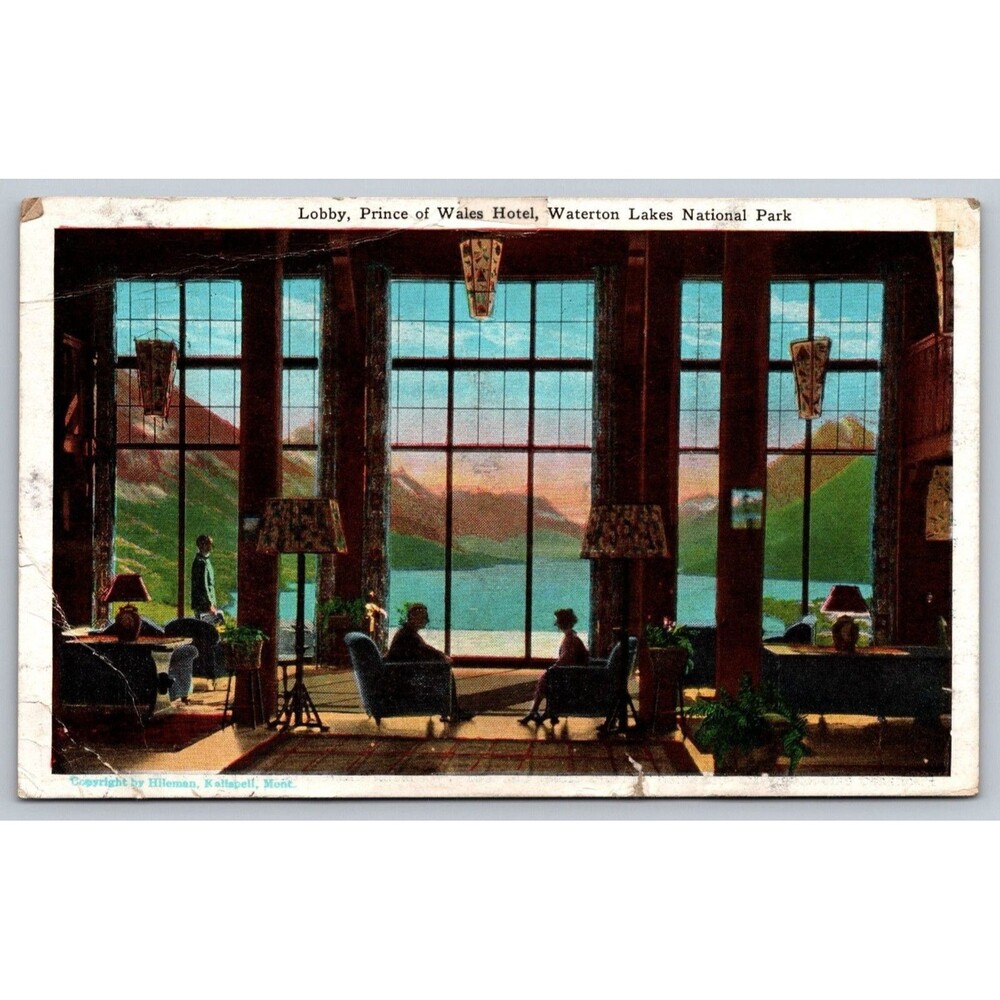 Vintage 1928 Prince of Wales Hotel Lobby Postcard Waterton Lakes Alberta Canada